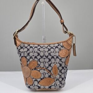 COACH Y2K BLEECKER SIGNATURE C DENIM DUFFLE CROSSBODY WHISKEY LEATHER FLOWER BAG